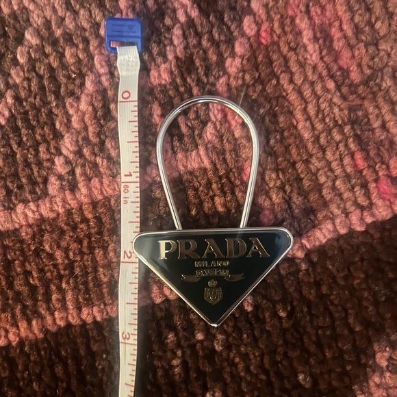 PRADA Triangle Logo Plate Silver Tone Key Ring Holder Bag Charm - Picture 7 of 8